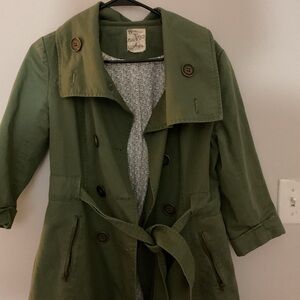 Tulle Olive Green Double-Breasted Trench with Waist Tie